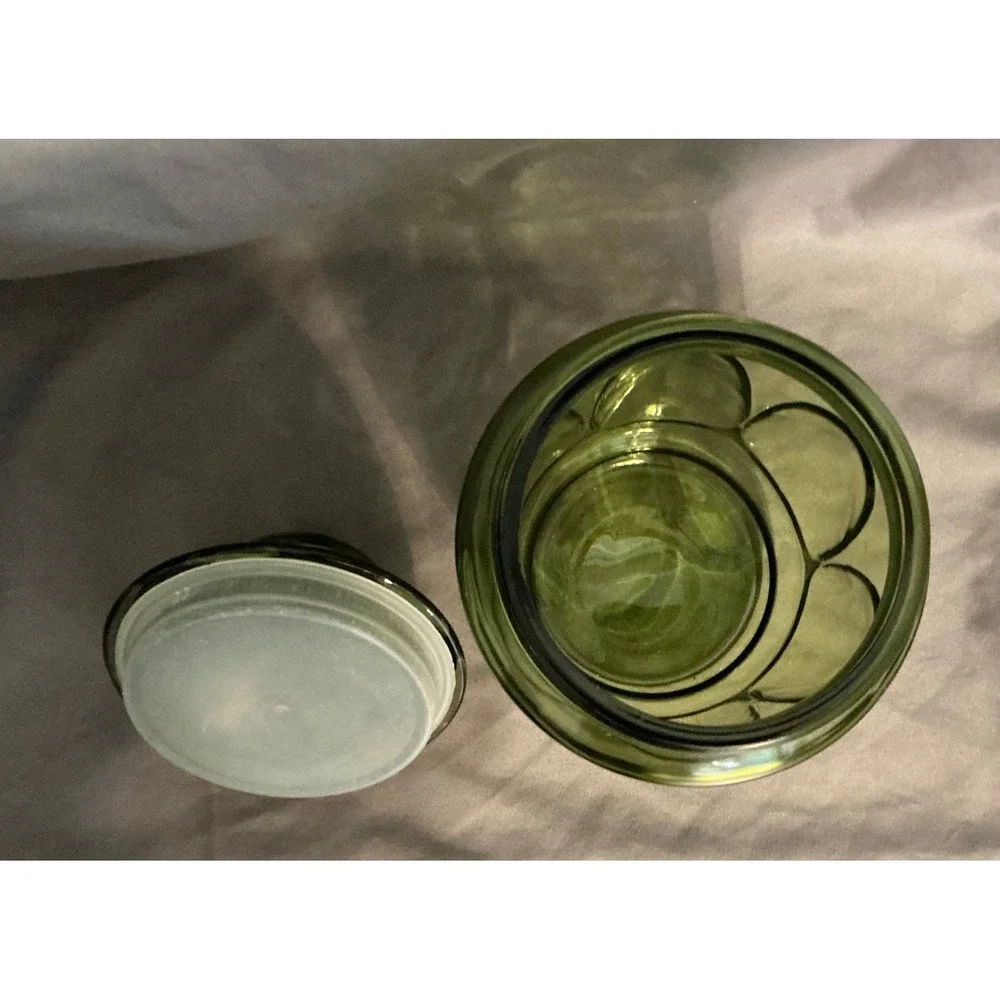 Vintage Green Glass Apothecary Canister Thumbprint Jar with Lid 8.25